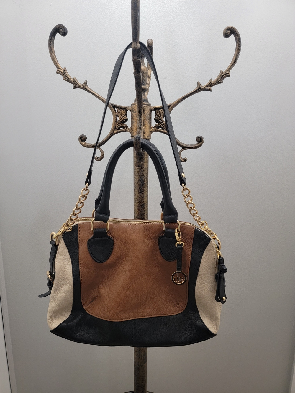 Audrey Brooke Leather Tote Bag in Brown, Black & Cream - Gold Hardware
